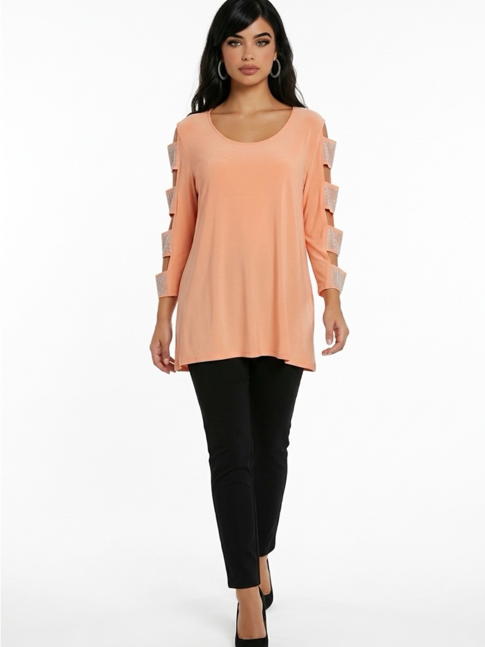 Peach Cold-Shoulder Tunic with Embellished Sleeve Straps - Picture 2 of 2